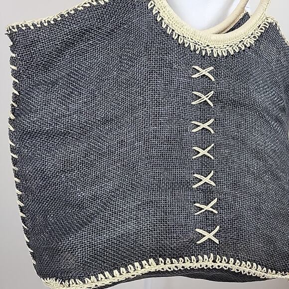 Cappelli Straworld Purse Black Lg Woven Straw Boho Hobo Coastal Resort Cruise - Picture 6 of 16